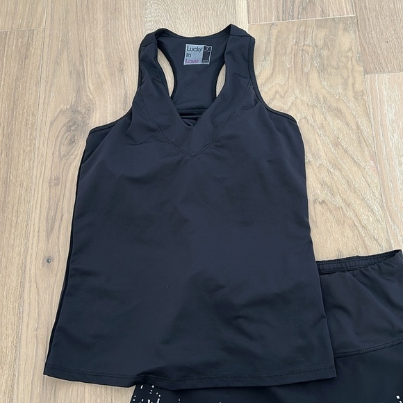 Lucky in Love Tennis Tank Top Black Small Preppy Sporty Pickleball Athletic Gym - Picture 1 of 6